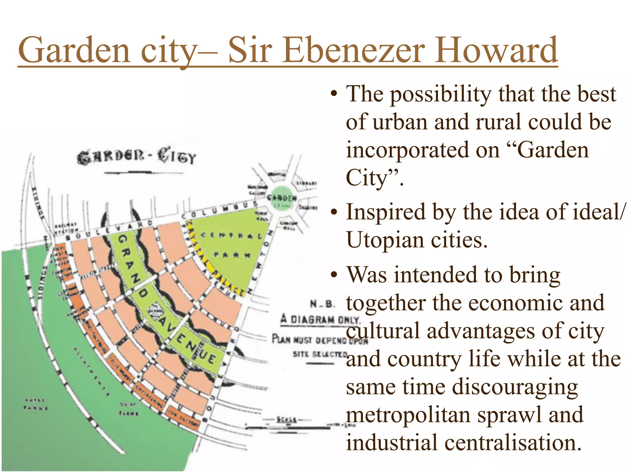 • The possibility that the best
of urban and rural could be
incorporated on “Garden
City”.
• Inspired by the idea of ideal/
Utopian cities.
• Was intended to bring
together the economic and
cultural advantages of city
and country life while at the
same time discouraging
metropolitan sprawl and
industrial centralisation.
Garden city– Sir Ebenezer Howard
 