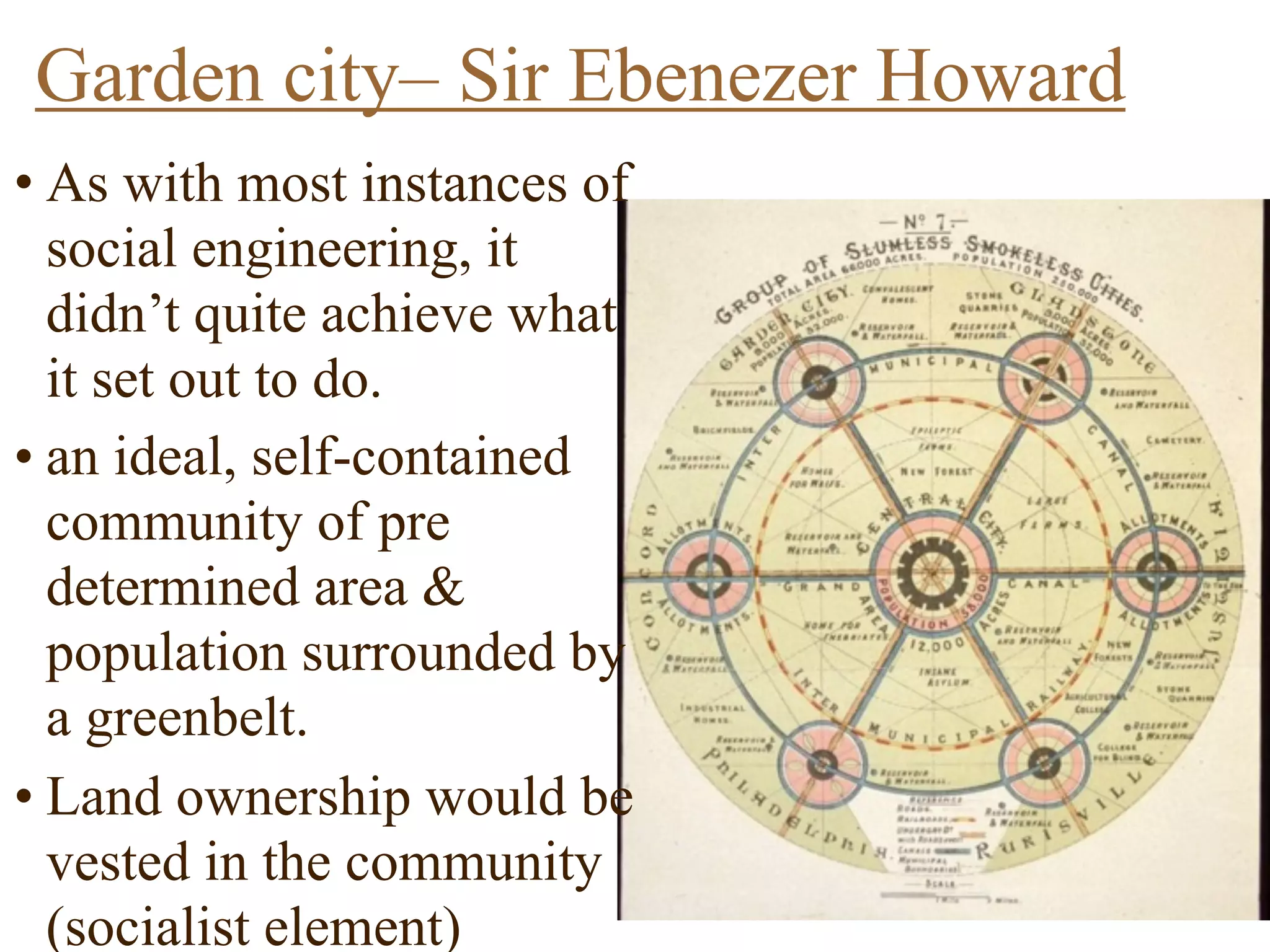 • As with most instances of
social engineering, it
didn’t quite achieve what
it set out to do.
• an ideal, self-contained
community of pre
determined area &
population surrounded by
a greenbelt.
• Land ownership would be
vested in the community
(socialist element)
Garden city– Sir Ebenezer Howard
 