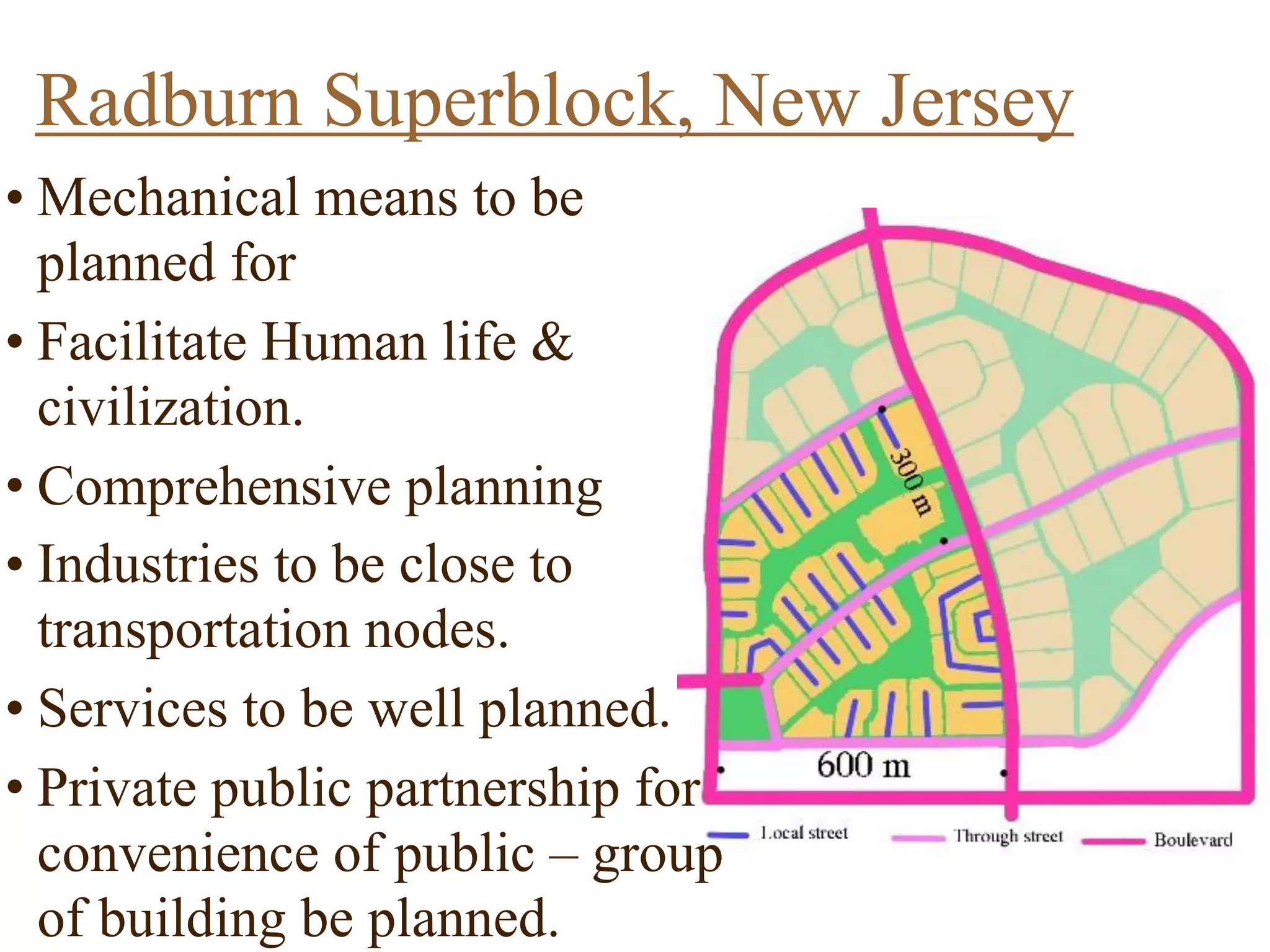 Radburn Superblock, New Jersey
Radburn Superblock
Characteristics-
a) Encourage pedestrian
accessibility
b) Low traffic volume in the
neighborhood
b) Open space linked the
residential areas
c) Houses built around cul-de-sac
which are connected to open
space
d) Houses are segregated for
main roads
e) Pedestrian paths and
walkways linked the houses to
primary school and local
centre
• Mechanical means to be
planned for
• Facilitate Human life &
civilization.
• Comprehensive planning
• Industries to be close to
transportation nodes.
• Services to be well planned.
• Private public partnership for
convenience of public – group
of building be planned.
 