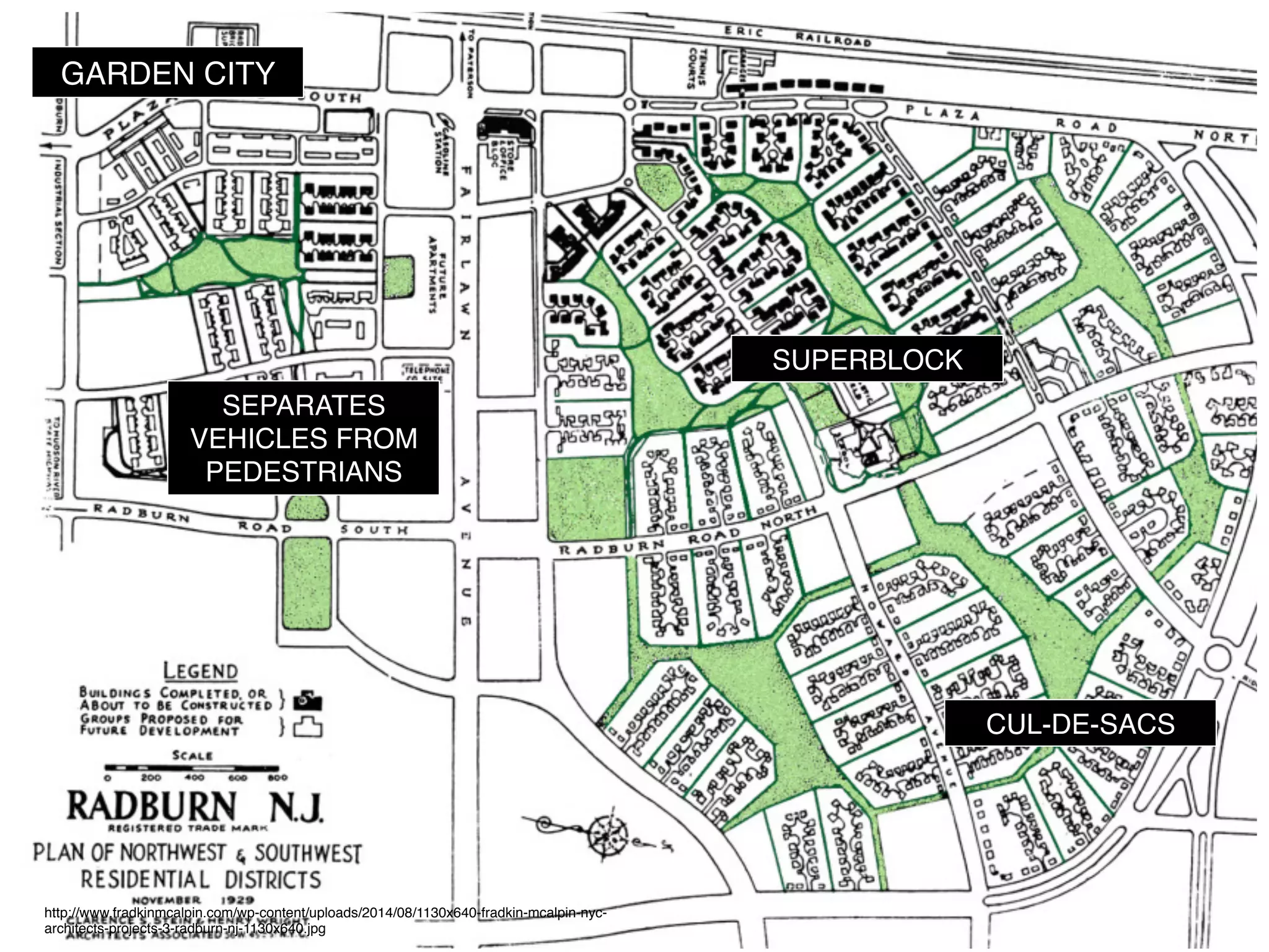 http://www.fradkinmcalpin.com/wp-content/uploads/2014/08/1130x640-fradkin-mcalpin-nyc-
architects-projects-3-radburn-nj-1130x640.jpg
GARDEN CITY
SEPARATES
VEHICLES FROM
PEDESTRIANS
CUL-DE-SACS
SUPERBLOCK
 