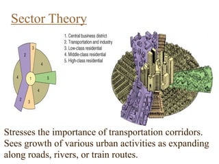 Stresses the importance of transportation corridors.
Sees growth of various urban activities as expanding
along roads, rivers, or train routes.
Sector Theory
 
