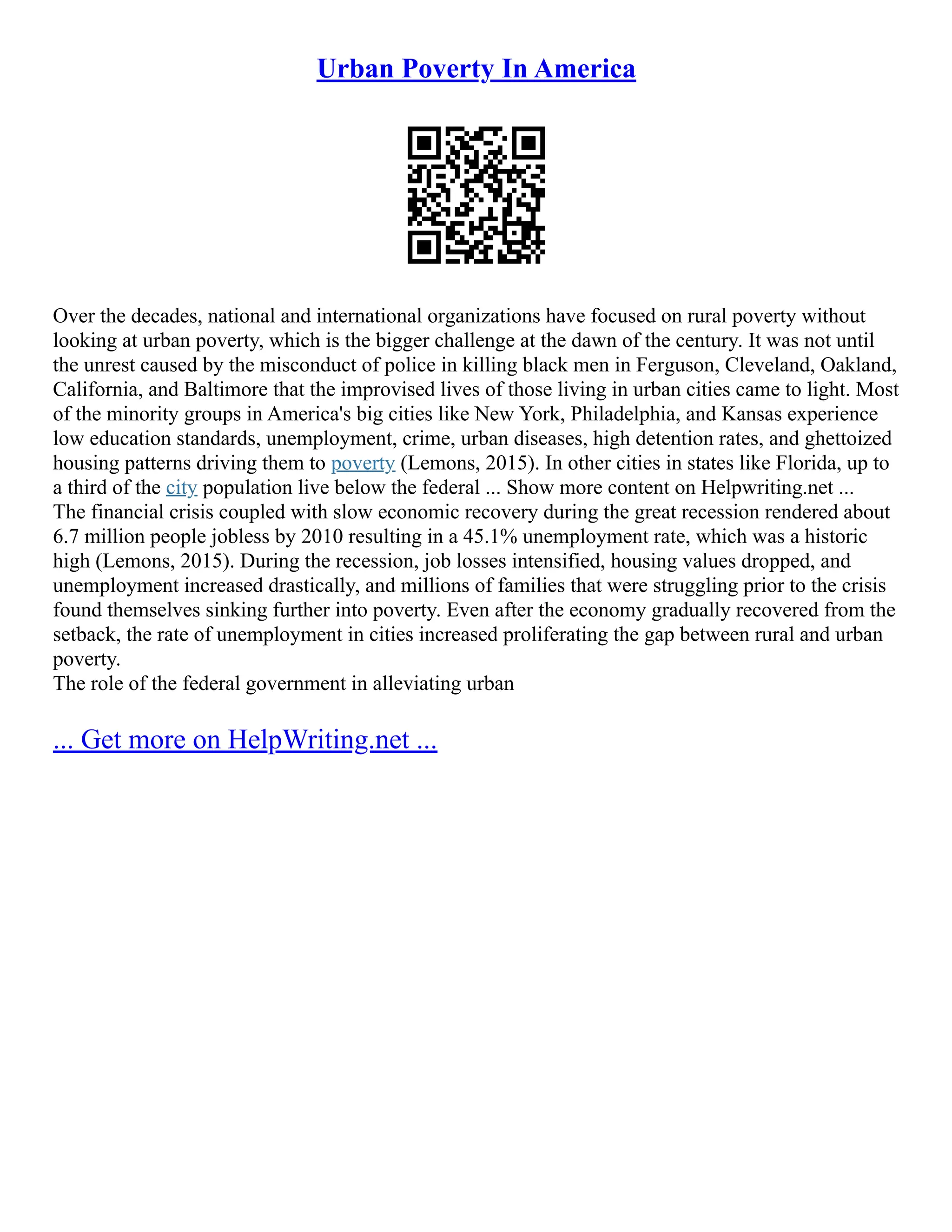 Urban Poverty In America | PDF