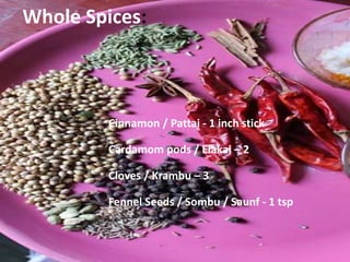Whole Spices:
Cinnamon / Pattai - 1 inch stick
Cardamom pods / Elakai – 2
Cloves / Krambu – 3
Fennel Seeds / Sombu / Saunf - 1 tsp
 