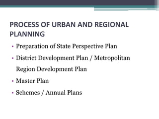 PROCESS OF URBAN AND REGIONAL
PLANNING
• Preparation of State Perspective Plan
• District Development Plan / Metropolitan
Region Development Plan
• Master Plan
• Schemes / Annual Plans
 