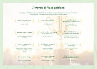 Realty+, 2022
Best Design Project
Realty+, 2022
Best Interior Design
India's Best
Design Awards, 2021
Lopez Design for
Energizing - Central Park
Track2Realty BrandXReport,
2019-20
National Brand Leaders
Porter Prize, 2019
Porter Prize: For Leveraging
Unique Activities
GRESB (Global Real Estate
Sustainability Benchmark)
Ranked #1 Globally for
a third consecutive year
Construction World Architect
and Builder (CWAB) Awards,
2018
India’s Top Builders
Award
Construction Week
Awards, 2019
Real Estate Company
of the Year
Realty Conclave Award,
2022
Plotted Development
of the Year
Realty Conclave Award,
2021
Best Interior Design
Realty Conclave Award,
2021
Architectural Design
of the Year
Fortune India
Wealth Creator Among
The Next 500 Companies
Stock
Image
used
for
representational
purposes
only
and
is
only
indicative
of
the
amenity
/
development
and
not
actual
delivery.
Giving you the best makes us the best. It’s all thanks to you that Godrej Properties Limited
has won over 250 awards and recognitions in recent years.
Awards & Recognitions
 