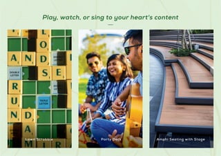 Play, watch, or sing to your heart's content
Stock
Images
used
for
representational
purposes
only
and
is
only
indicative
of
the
amenity
/
development
and
not
actual
delivery.
Lawn Scrabble Party Deck Amphi Seating with Stage
 