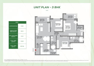 AREAS AS PER
RERA [SQ.MT.]
EXCLUSIVE AREA
[SQ.MT.]
TOTAL AREA
[SQ.MT.]
TOTAL AREA
[SQ.FT.]
1007.08
10.43
93.56
83.13
3 BHK
AREA
CONFIGURATION
Note: ALL DIMENSIONS ARE IN METERS AND FEET. 1 SQM = 10.764 SQFT, 1 M = 3.28 FT
The furniture accessories, paintings, items, electronics good additional fittings / fixtures, decorative items, false ceiling including finishing materials, specifications, shades, sizes and colour of tiles etc. Shown in the image are only indicative in nature and are only for the purpose of illustrating indicating a possible layout and do not form part of
the standard specification. 5IF5PUBMSFBJTTVCKFDUUPBWBSJBUJPODBQVQUPUISFFQFSDFOU  PSBTNBZCFBNFOEFEVOEFSUIFDUBOEPS3VMFTGSPNUJNFUPUJNF The dimensions mentioned in the unit plan are from unfinished surface to unfinished surface.
UNIT PLAN - 3 BHK
TOILET 1
BEDROOM 3
TOILET 2
LOFT ABOVE
3.35 X 1.22M
1.56 X 2.56M
11'0 X 4'0
5'2 X 8'5
3.35 X 3.95M
2.25 X 1.50M
11'0 X 13'0
7'5 X 4'11
1.41 X 2.25M
4'8 X 7'5
8'0 X 9'0
3'8
X
9'4
1.11
X
2.84M
3.05 X 3.05M
12'0 X 4'0
DRY BALCONY
1.42 X 1.36M
BEDROOM 1
(MASTER)
TOILET 3
2.45 X 2.75M
10'0 X 10'0
3.65 X 1.22M
4'8 X 4'6
3.35 X 3.05M
BEDROOM 2
11'0 X 10'0
KITCHEN
LIVING/ DINING
BALCONY
3.65 X 5.21M
12'0 X 17'1
ENT.
LOBBY
BALCONY
PASSAGE
2.60 X 0.99M
8'7 X 3'3
3
BHK
 