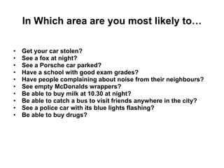In Which area are you most likely to… Get your car stolen?  See a fox at night?  See a Porsche car parked?  Have a school with good exam grades?  Have people complaining about noise from their neighbours?  See empty McDonalds wrappers?  Be able to buy milk at 10.30 at night?  Be able to catch a bus to visit friends anywhere in the city?  See a police car with its blue lights flashing?  Be able to buy drugs?   