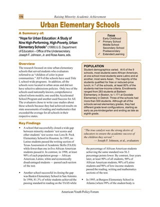 176                               Raising Minority Academic Achievement


                     Urban Elementary Schools
A Summary of:
                                                                                    Focus
“Hope for Urban Education: A Study of                                           Early Childhood
                                                                           2    Primary School
Nine High-Performing, High-Poverty, Urban                                       Middle School
Elementary Schools” (1999) U.S. Department                                      Secondary School
of Education – Office of the Undersecretary.                                    Postsecondary
Joseph F. Johnson, Jr. and Rose Asera, eds.                                2    Extended Learning


Overview
The research focused on nine urban elementary
                                                               POPULATION
                                                               Student demographics varied. At 6 of the 9
schools that served students who evaluators
                                                               schools, most students were African American,
referred to as “children of color in poor                      at one school most students were Latino and at
communities.” All 9 of the schools have used Title             another, most were Asian. The majority of the
I, school-wide programs. In addition, all the                  students qualified for free or reduced-price
schools were located in urban areas and did not                lunch; in 7 of the schools, at least 80% of the
have selective admissions policies. Only two of the            students met low-income criteria. Enrollments
schools used nationally known, comprehensive                   ranged from 283 students at Baldwin
school reform models; one used the Accelerated                 Elementary, in Boston, to 1,171 at Goodale
School Program and another used Success for All.               Elementary in Detroit. Three of the schools had
                                                               more than 500 students. Although all of the
The evaluators chose to write case studies about
                                                               schools served elementary grades, they had
these schools because they had achieved results on
                                                               different grade level configurations, starting as
state assessments of reading and mathematics that              early as pre-kindergarten and ending as late as
exceeded the average for all schools in their                  eighth grade.
respective states.

Key Findings
M     A school that successfully closed a wide gap
      between minority students’ test scores and               “The true catalyst was the strong desire of
      other students’ test scores was Lora B. Peck             educators to ensure the academic success of
      Elementary School in Houston. In 1995, no                the children they served.”
      Latino students passed the writing section of                     — Joseph F. Johnson, et al., evaluators
      Texas Assessment of Academic Skills (TAAS)
      while fewer than one in five African American              the percentage of African American students
      students passed it. In contrast, in 1998, at least         achieving the same standard was 56.3
      90% of each population group — African                     percentage points lower. By contrast, four years
      American, Latino, white and economically                   later, at least 90% of all students, 90% of
      disadvantaged students — passed each section               African American students, 90% of Latino
      of the test.                                               students and 90% of low-income students
                                                                 passed the reading, writing and mathematics
M     Another school successful in closing the gap               sections of the test.
      was Baskin Elementary School in San Antonio.
      In 1994, 81.3% of white students achieved the        M     In 1995, at Burgess Elementary School in
      passing standard in reading on the TAAS while              Atlanta (where 99% of the student body is


                                         American Youth Policy Forum
 