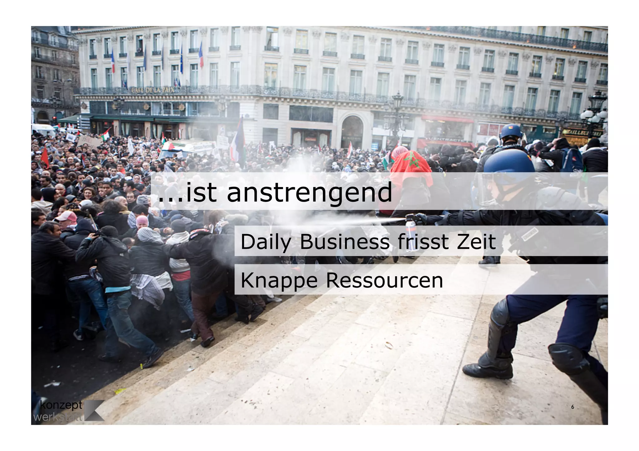 ...ist anstrengend
... Intern: fehlende Zeit, Daily
Biz, workload
      Daily Business frisst Zeit
      Knappe Ressourcen




                                   6	

 