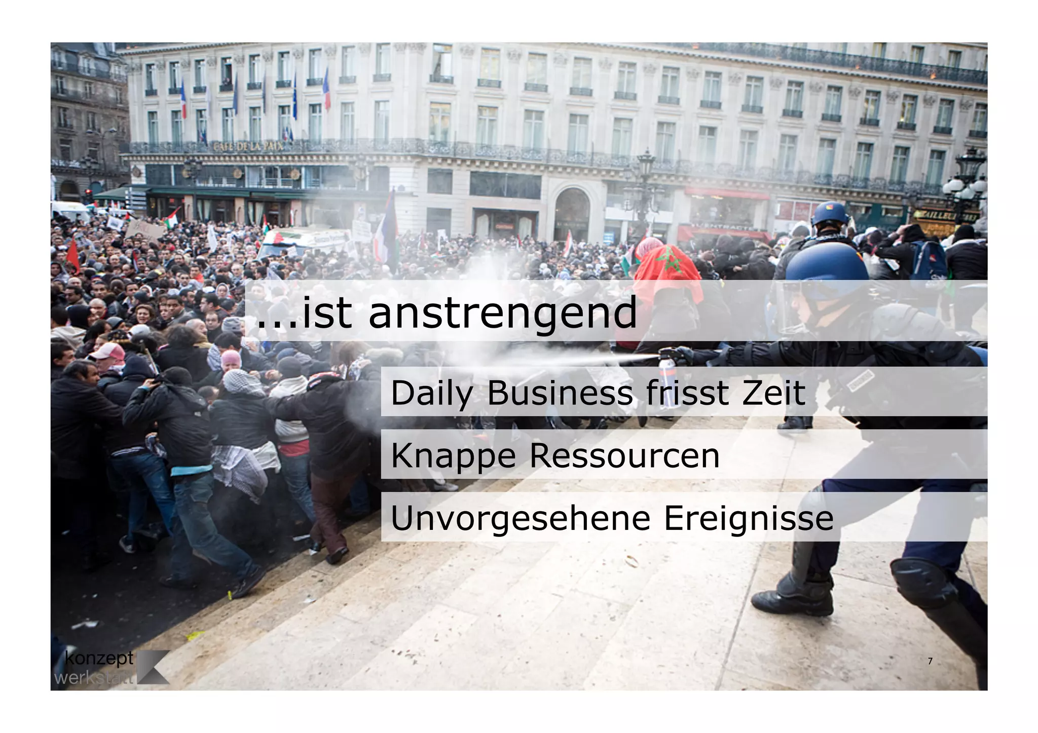 ...ist anstrengend
... Intern: fehlende Zeit, Daily
Biz, workload
      Daily Business frisst Zeit
      Knappe Ressourcen
      Unvorgesehene Ereignisse



                                   7	

 