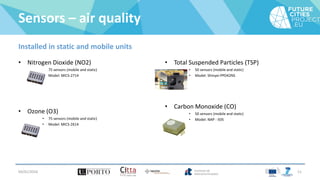 Sensors – air quality
Installed in static and mobile units
• Nitrogen Dioxide (NO2)
• 75 sensors (mobile and static)
• Model: MICS-2714
• Ozone (O3)
• 75 sensors (mobile and static)
• Model: MICS-2614
• Total Suspended Particles (TSP)
• 50 sensors (mobile and static)
• Model: Shinyei PPD42NS
• Carbon Monoxide (CO)
• 50 sensors (mobile and static)
• Model: NAP - 505
04/01/2016 11
 