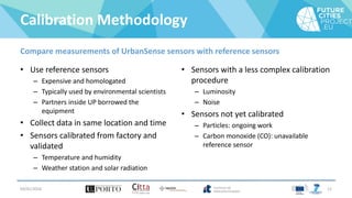 Calibration Methodology
Compare measurements of UrbanSense sensors with reference sensors
• Use reference sensors
– Expensive and homologated
– Typically used by environmental scientists
– Partners inside UP borrowed the
equipment
• Collect data in same location and time
• Sensors calibrated from factory and
validated
– Temperature and humidity
– Weather station and solar radiation
04/01/2016 12
• Sensors with a less complex calibration
procedure
– Luminosity
– Noise
• Sensors not yet calibrated
– Particles: ongoing work
– Carbon monoxide (CO): unavailable
reference sensor
 