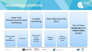 UrbanSense platform
04/01/2016 2
Large-scale
infrastructure for local
monitoring
Environment
and
Behavioural
Low cost
In-depth
monitoring
Data fusion
from
multiple
sources
Data Collecting Units
DCUs
Static or
mobile
Cover a
restricted
area
Part of Porto
Living Lab from
Future Cities
project
 