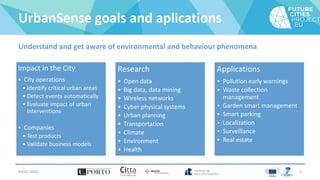UrbanSense goals and aplications
Understand and get aware of environmental and behaviour phenomena
Impact in the City
• City operations
• Identify critical urban areas
• Detect events automatically
• Evaluate impact of urban
interventions
• Companies
• Test products
• Validate business models
Research
• Open data
• Big data, data mining
• Wireless networks
• Cyber physical systems
• Urban planning
• Transportation
• Climate
• Environment
• Health
Applications
• Pollution early warnings
• Waste collection
management
• Garden smart management
• Smart parking
• Localization
• Surveillance
• Real estate
04/01/2016 5
 