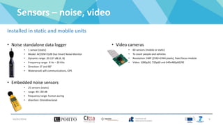 Sensors – noise, video
• Noise standalone data logger
• 1 sensor (static)
• Model: ACOEM 01dB Duo Smart Noise Monitor
• Dynamic range: 20-137 dB (A, B)
• Frequency range: 8 Hz – 20 KHz
• Direction: 0° and 90°
• Waterproof, wifi communications, GPS
• Embedded noise sensors
• 25 sensors (static)
• range: 40-130 dB
• frequency range: human earing
• direction: Omnidirecional
Installed in static and mobile units
• Video cameras
• 60 sensors (mobile or static)
• To count people and vehicles
• Resolution: 5MP (2592×1944 pixels), fixed focus module
• Video: 1080p30, 720p60 and 640x480p60/90
04/01/2016 9
 
