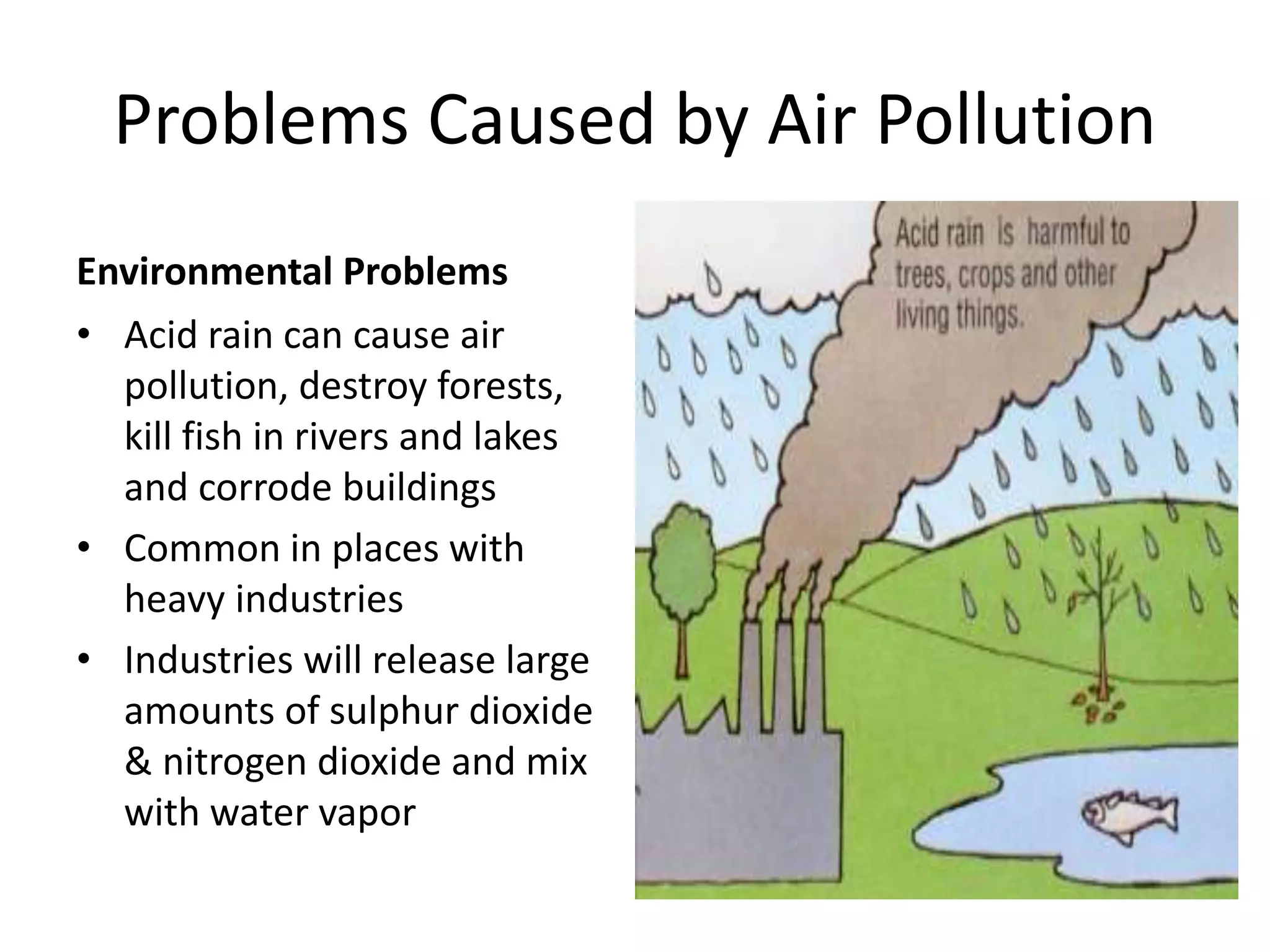 Problems Caused by Air Pollution
Environmental Problems
• Acid rain can cause air
pollution, destroy forests,
kill fish in rivers and lakes
and corrode buildings
• Common in places with
heavy industries
• Industries will release large
amounts of sulphur dioxide
& nitrogen dioxide and mix
with water vapor
 