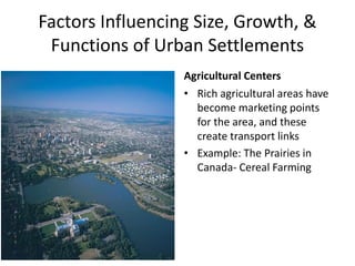 Factors Influencing Size, Growth, &
Functions of Urban Settlements
Agricultural Centers
• Rich agricultural areas have
become marketing points
for the area, and these
create transport links
• Example: The Prairies in
Canada- Cereal Farming
 