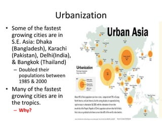 Urbanization
• Some of the fastest
growing cities are in
S.E. Asia: Dhaka
(Bangladesh), Karachi
(Pakistan), Delhi(India),
& Bangkok (Thailand)
– Doubled their
populations between
1985 & 2000
• Many of the fastest
growing cities are in
the tropics.
– Why?
 