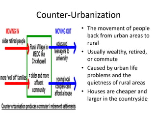 Counter-Urbanization
• The movement of people
back from urban areas to
rural
• Usually wealthy, retired,
or commute
• Caused by urban life
problems and the
quietness of rural areas
• Houses are cheaper and
larger in the countryside
 