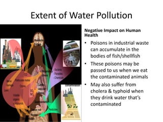 Extent of Water Pollution
Negative Impact on Human
Health
• Poisons in industrial waste
can accumulate in the
bodies of fish/shellfish
• These poisons may be
passed to us when we eat
the contaminated animals
• May also suffer from
cholera & typhoid when
they drink water that’s
contaminated
 