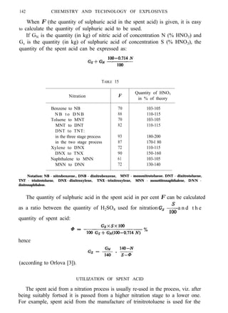 142 CHEMISTRY AND TECHNOLOGY OF EXPLOSIVES
When Φ (the quantity of sulphuric acid in the spent acid) is given, it is easy
to calculate the quantity of sulphuric acid to be used.
If GN is the quantity (in kg) of nitric acid of concentration N (% HNO3) and
Gs is the quantity (in kg) of sulphuric acid of concentration S (% HNO3), the
quantity of the spent acid can be expressed as:
TABLE 15
Nitration
Benzene to NB
N B t o D N B
Toluene to MNT
MNT to DNT
DNT to TNT:
in the three stage process
in the two stage process
Xylene to DNX
DNX to TNX
Naphthalene to MNN
MNN to DNN
Φ
Quantity of HNO3
in % of theory
70 103-105
88 110-115
70 103-105
82 110-115
93 180-200
87 170-l 80
72 110-115
90 150-160
61 103-105
72 130-140
Notation: NB - nitrobenzene., DNB - dinitrobenzene, MNT - mononitrotolueoe. DNT - dinitrotoluene,
TNT - trinitrotoluene, DNX - dinitroxylene, TNX - trinitroxylene, MNN - monottitronaphthalene, DNN -
dinitronaphthaleoe.
The quantity of sulphuric acid in the spent acid in per cent Φ can be calculated
as a ratio between the quantity of H2SO4 used for nitration a n d t h e
quantity of spent acid:
hence
(according to Orlova [3]).
UTILIZATION OF SPENT ACID
The spent acid from a nitration process is usually re-used in the process, viz. after
being suitably fortsed it is passed from a higher nitration stage to a lower one.
For example, spent acid from the manufacture of trinitrotoluene is used for the
 