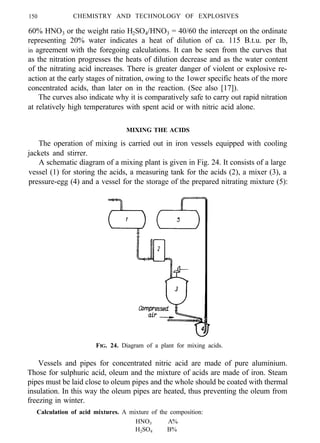 150 CHEMISTRY AND TECHNOLOGY OF EXPLOSIVES
60% HNO3 or the weight ratio H2SO4/HNO3 = 40/60 the intercept on the ordinate
representing 20% water indicates a heat of dilution of ca. 115 B.t.u. per lb,
in agreement with the foregoing calculations. It can be seen from the curves that
as the nitration progresses the heats of dilution decrease and as the water content
of the nitrating acid increases. There is greater danger of violent or explosive re-
action at the early stages of nitration, owing to the 1ower specific heats of the more
concentrated acids, than later on in the reaction. (See also [17]).
The curves also indicate why it is comparatively safe to carry out rapid nitration
at relatively high temperatures with spent acid or with nitric acid alone.
MIXING THE ACIDS
The operation of mixing is carried out in iron vessels equipped with cooling
jackets and stirrer.
A schematic diagram of a mixing plant is given in Fig. 24. It consists of a large
vessel (1) for storing the acids, a measuring tank for the acids (2), a mixer (3), a
pressure-egg (4) and a vessel for the storage of the prepared nitrating mixture (5):
FIG. 24. Diagram of a plant for mixing acids.
Vessels and pipes for concentrated nitric acid are made of pure aluminium.
Those for sulphuric acid, oleum and the mixture of acids are made of iron. Steam
pipes must be laid close to oleum pipes and the whole should be coated with thermal
insulation. In this way the oleum pipes are heated, thus preventing the oleum from
freezing in winter.
Calculation of acid mixtures. A mixture of the composition:
HNO3 A%
H2SO4 B%
 