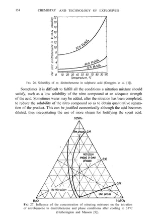 154 CHEMISTRY AND TECHNOLOGY OF EXPLOSIVES
FIG. 26. Solubility of m- dinitrobenzene in sulphuric acid (Groggins et al. [1]).
Sometimes it is difficult to fulfill all the conditions a nitration mixture should
satisfy, such as a low solubility of the nitro compound at an adequate strength
of the acid. Sometimes water may be added, after the nitration has been completed,
to reduce the solubility of the nitro compound so as to obtain quantitative separa-
tion of the product. This can be justified economically although the acid becomes
diluted, thus necessitating the use of more oleum for fortifying the spent acid.
FIG 27. Influence of the concentration of nitrating mixtures on the nitration
of nitrobenzene to dinitrobenzene and phase conditions after cooling to 35°C
(Hetherington and Masson [9]).
 