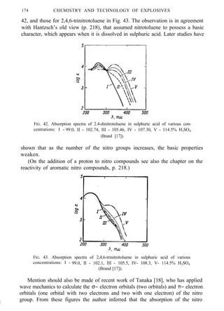 174 CHEMISTRY AND TECHNOLOGY OF EXPLOSIVES
42, and those for 2,4,6-trinitrotoluene in Fig. 43. The observation is in agreement
with Hantzsch’s old view (p. 218), that assumed nitrotoluene to possess a basic
character, which appears when it is dissolved in sulphuric acid. Later studies have
FIG. 42. Absorption spectra of 2.4-dinitrotoluene in sulphuric acid of various con-
centrations: I - 99.0, II - 102.74, III - 105.46, IV - 107.30, V - 114.5% H2SO4
(Brand [17]).
shown that as the number of the nitro groups increases, the basic properties
weaken.
(On the addition of a proton to nitro compounds see also the chapter on the
reactivity of aromatic nitro compounds, p. 218.)
FIG. 43. Absorption spectra of 2,4,6-trinitrotoluene in sulphuric acid of various
concentrations: I - 99.0, II - 102.1, III - 105.5, IV- 108.3, V- 114.5% H2SO4
(Brand [17]).
Mention should also be made of recent work of Tanaka [18], who has applied
wave mechanics to calculate the σ− electron orbitals (two orbitals) and π− electron
orbitals (one orbital with two electrons and two with one electron) of the nitro
I
group. From these figures the author inferred that the absorption of the nitro
 