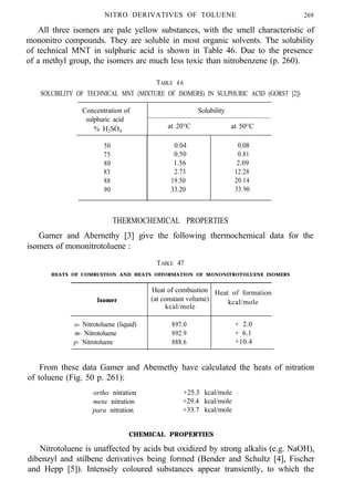 NITRO DERIVATIVES OF TOLUENE 269
All three isomers are pale yellow substances, with the smell characteristic of
mononitro compounds. They are soluble in most organic solvents. The solubility
of technical MNT in sulphuric acid is shown in Table 46. Due to the presence
of a methyl group, the isomers are much less toxic than nitrobenzene (p. 260).
TABLE 46
SOLUBILITY OF TECHNICAL MNT (MIXTURE OF ISOMERS) IN SULPHURIC ACID (GORST [2])
Concentration of Solubility
sulphuric acid
% H2SO4
at 20°C at 50°C
50 0.04 0.08
75 0.50 0.81
80 1.56 2.09
83 2.73 12.28
88 19.50 20.14
90 33.20 33.90
THERMOCHEMICAL PROPERTIES
Garner and Abernethy [3] give the following thermochemical data for the
isomers of mononitrotoluene :
TABLE 47
HEATS OF COMBUSTION AND HEATS OFFORMATION OF MONONITROTOLUENE ISOMERS
Isomer
Heat of combustion Heat of formation
(at constant volume) kcal/mole
kcal/mole
o- Nitrotoluene (liquid)
m- Nitrotoluene
p- Nitrotoluene
897.0 + 2.0
892.9 + 6.1
888.6 +10.4
From these data Gamer and Abemethy have calculated the heats of nitration
of toluene (Fig. 50 p. 261):
ortho nitration +25.3 kcal/mole
meta nitration +29.4 kcal/mole
para nitration +33.7 kcal/mole
CHEMICAL PROPERTIES
Nitrotoluene is unaffected by acids but oxidized by strong alkalis (e.g. NaOH),
dibenzyl and stilbene derivatives being formed (Bender and Schultz [4], Fischer
and Hepp [5]). Intensely coloured substances appear transiently, to which the
 