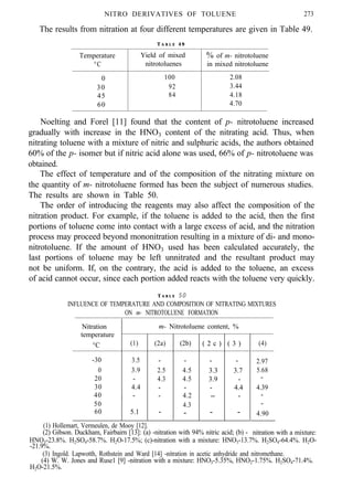 NITRO DERIVATIVES OF TOLUENE 273
The results from nitration at four different temperatures are given in Table 49.
T A B L E 4 9
Temperature Yield of mixed % of m- nitrotoluene
°C nitrotoluenes in mixed nitrotoluene
0 100 2.08
30 92 3.44
45 84 4.18
60 4.70
Noelting and Forel [11] found that the content of p- nitrotoluene increased
gradually with increase in the HNO3 content of the nitrating acid. Thus, when
nitrating toluene with a mixture of nitric and sulphuric acids, the authors obtained
60% of the p- isomer but if nitric acid alone was used, 66% of p- nitrotoluene was
obtained.
The effect of temperature and of the composition of the nitrating mixture on
the quantity of m- nitrotoluene formed has been the subject of numerous studies.
The results are shown in Table 50.
The order of introducing the reagents may also affect the composition of the
nitration product. For example, if the toluene is added to the acid, then the first
portions of toluene come into contact with a large excess of acid, and the nitration
process may proceed beyond mononitration resulting in a mixture of di- and mono-
nitrotoluene. If the amount of HNO3 used has been calculated accurately, the
last portions of toluene may be left unnitrated and the resultant product may
not be uniform. If, on the contrary, the acid is added to the toluene, an excess
of acid cannot occur, since each portion added reacts with the toluene very quickly.
T A B L E 5 0
INFLUENCE OF TEMPERATURE AND COMPOSITION OF NITRATING MIXTURES
ON m- NITROTOLUENE FORMATION
Nitration m- Nitrotoluene content, %
temperature
°C (1) (2a) (2b) ( 2 c ) ( 3 )
-30 3.5 - - - -
0 3.9 2.5 4.5 3.3 3.7
20 - 4.3 4.5 3.9 -
30 4.4 - - - 4.4
40 / - - 4.2 -- -
50 4.3
60 5.1 - - - -
(1) Hollemart, Vermeulen, de Mooy [12].
(2) Gibson. Duckham, Fairbairn [13]: (a) -nitration with 94% nitric acid; (b) -
(4)
2.97
5.68
-
4.39
-
-
4.90
nitration with a mixture:
HNO3-23.8%. H2SO4-58.7%. H2O-17.5%; (c)-nitration with a mixture: HNO3-13.7%. H2SO4-64.4%. H2O-
-21.9%.
(3) Ingold. Lapwotth, Rothstein and Ward [14] -nitration in acetic anhydride and nitromethane.
(4) W. W. Jones and Ruse1 [9] -nitration with a mixture: HNO3-5.35%, HNO2-1.75%. H2SO4-71.4%.
H2O-21.5%.
 