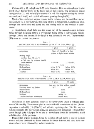 280 CHEMISTRY AND TECHNOLOGY OF EXPLOSIVES
Column (8) is 12 m high and 0.35 m in diameter. Here m- nitrotoluene is dis-
tilled off. p- Isomer flows to the lower part of the column. The column is heated
through valve (23) and boiler (7) by means of a coil. The vapours leaving the column
are condensed in (9) and cooled with water passing through (28).
Most of the condensed vapour returns to the column, and the rest flows down
through (21) via a flowmeter and the pump (17) to a storage tank. Samples are taken
through the valves near the pump and the setting point of the product is deter-
mined.
p- Nitrotoluene which falls into the lower part of the second column is trans-
ferred through the pump (16) to a crystallizer. Some of the p- nitrotoluene returns
through (26) to the column if the level in the column is too low. Thermometers
(30) serve to control the process.
TABLE 53
SPECIFICATION FOR O- NITROTOLUENE (AFTER U.S.S.R. DATA, GORST [2])
I grade II grade
Appearance Clear oily liquid of a light
yellow to light brown colour
Boiling range
not less than 90 vol. %
at 760 mm Hg pressure should
distil between 218-223°C 217-223.5ºC
Dinitrotoluene none
Hydrocarbons below 0.1% below 0.1%
p- Nitrotoluene below 1% below 2%
Moisture below 0.1% below 0.1%
TABLE 54
SPECIFICATION FOR P-NITROTOLUENE (AFTER U.S.S.R. DATA, GORST [2])
I grade II grade
Appearance light grey to light yellow crystals
Freezing point, not below 50°C 49°C
Dinitrotoluene none
Hydrocarbons none
Moisture below 1%
Toluene insoluble substances below 0.1%
Distillation in both columns occurs in the upper parts under a reduced pres-
sure of 10 mm Hg. The vacuum pipe is connected with condensers (6) and (9) and
expansion vessels (18) (19) (20) (21) and with the regulatingvalve (24). The vapours
which penetrate into the vacuum pipe, are condensed in condenser (10) and flow
down through (18). All pipes for m- and p- nitrotoluene should be insulated to avoid
solidification of the products.
Preparation of pure isomers. Since the isolation of high purity o- and m- isomers
from a mixture obtained by direct nitration is rather difficult, the very pure sub-
stances have been obtained by indirect methods.
 