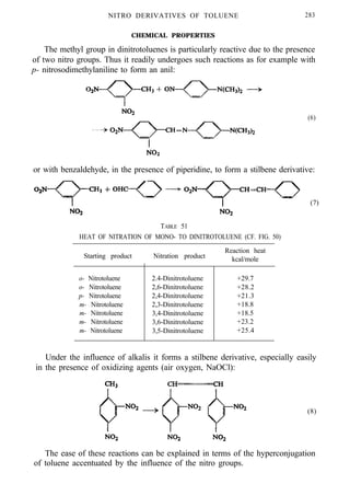 NITRO DERIVATIVES OF TOLUENE 283
CHEMICAL PROPERTIES
The methyl group in dinitrotoluenes is particularly reactive due to the presence
of two nitro groups. Thus it readily undergoes such reactions as for example with
p- nitrosodimethylaniline to form an anil:
(6)
or with benzaldehyde, in the presence of piperidine, to form a stilbene derivative:
(7)
TABLE 51
HEAT OF NITRATION OF MONO- TO DINITROTOLUENE (CF. FIG. 50)
Starting product Nitration product
Reaction heat
kcal/mole
o- Nitrotoluene
o- Nitrotoluene
p- Nitrotoluene
m- Nitrotoluene
m- Nitrotoluene
m- Nitrotoluene
m- Nitrotoluene
2.4-Dinitrotoluene
2,6-Dinitrotoluene
2,4-Dinitrotoluene
2,3-Dinitrotoluene
3,4-Dinitrotoluene
3,6-Dinitrotoluene
3,5-Dinitrotoluene
+29.7
+28.2
+21.3
+18.8
+18.5
+23.2
+25.4
Under the influence of alkalis it forms a stilbene derivative, especially easily
in the presence of oxidizing agents (air oxygen, NaOCl):
(8)
The ease of these reactions can be explained in terms of the hyperconjugation
of toluene accentuated by the influence of the nitro groups.
 