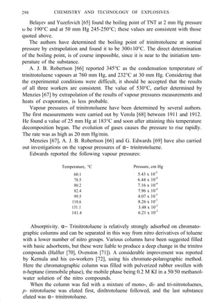 298 CHEMISTRY AND TECHNOLOGY OF EXPLOSIVES
Belayev and Yuzefovich [65] found the boiling point of TNT at 2 mm Hg pressure
to be 190°C and at 50 mm Hg 245-250°C; these values are consistent with those
quoted above.
The authors have determined the boiling point of trinitrotoluene at normal
pressure by extrapolation and found it to be 300±10°C. The direct determination
of the boiling point, is of course impossible, since it is near to the initiation tem-
perature of the substance.
A. J. B. Robertson [66] reported 345°C as the condensation temperature of
trinitrotoluene vapours at 760 mm Hg, and 232°C at 30 mm Hg. Considering that
the experimental conditions were difficult, it should be accepted that the results
of all three workers are consistent. The value of 530°C, earlier determined by
Menzies [67] by extrapolation of the results of vapour pressures measurements and
heats of evaporation, is less probable.
Vapour pressures of trinitrotoluene have been determined by several authors.
The first measurements were carried out by Verola [68] between 1911 and 1912.
He found a value of 25 mm Hg at 183°C and soon after attaining this temperature
decomposition began. The evolution of gases causes the pressure to rise rapidly.
The rate was as high as 20 mm Hg/min.
Menzies [67], A. J. B. Robertson [66] and G. Edwards [69] have also carried
out investigations on the vapour pressures of α− trinitrotoluene.
Edwards reported the following vapour pressures:
Temperature, °C Pressure, cm Hg
60.1 5.43 x 10-5
78.5 6.44 x 10-4
80.2 7.16 x 10-4
82.4 7.96 x 10-4
99.5 4.07 x 10-3
110.6 8.26 x 10-3
131.1 3.48 x 10-2
141.4 6.21 x 10-2
Absorptivity. α− Trinitrotoluene is relatively strongly adsorbed on chromato-
graphic columns and can be separated in this way from nitro derivatives of toluene
with a lower number of nitro groups. Various columns have been suggested filled
with basic adsorbents, but these were liable to produce a deep change in the trinitro
compounds (Halfter [70], Ovenston [71]). A considerable improvement was reported
by Kemula and his co-workers [72], using his chromate-polarographic method.
Here the chromatographic column was filled with pulverized rubber swollen with
n-heptane (immobile phase), the mobile phase being 0.2 M KI in a 50/50 methanol-
water solution of the nitro compounds.
When the column was fed with a mixture of mono-, di- and tri-nitrotoluenes,
p- nitrotoluene was eluted first, dinltrotoluene followed, and the last substance
eluted was α− trinitrotoluene.
/
 