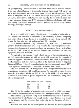 322 CHEMISTRY AND TECHNOLOGY OF EXPLOSIVES
or “phlegmatizing” substances such as ozokerite, bee’s wax or paraffin. The last
is the least efficient because of its non-polar structure. Desensitized TNT was proved
to be expedient during the great naval battle between the German and British
fleets at Skagerrack in 1916. The British battleships Indefatigable, Queen Mary,
Invincible, Black Prince and Defence, were sunk by the fire of the German fleet
which was using desensitized TNT, whereas the British shells loaded with picric
acid mostly exploded on impact and failed to penetrate the armour of the German
warships, causing no damage.
TOXICITY OF α− TRINITROTOLUENE
There is a considerable diversity of opinion as to the toxicity of trinitrotoluene.
In Germany the substance is considered to be completely or almost completely
non-toxic, while in Great Britain it is regarded as a highly toxic material. The
reason for these divergent views has not been fully explained.
In the opinion of Koelsch [119], Curshmann [120], Van Duin [121], and others,
pure α− trinitrotoluene is non-toxic. They consider that impurities present in TNT,
such as dinitrobenzene and tetranitromethane, are responsible for any toxic effects
caused by TNT. According to Koelsch, idiosyncrasy manifested by poisoning
symptoms, has heen met with.
As reported in German and French official literature, the manufacture and use
of TNT has not been connected with any great difficulties from the viewpoint of
industrial hygiene. Nevertheless, some data indicate that cases of poisoning by
TNT, sometimes fatal, have happened. Thus, in the Darmstadt district in the period
between 1915 and 1918, 443 cases of poisoning by nitro compounds (mainly TNT)
were registered. Among them 13 were fatal (10 women and 3 men).
The wide demand for TNT during World War I compelled factories to hasten
manufacture, sometimes with insufficient regard for industrial hygiene. In some
countries (e.g. Great Britain, the U.S.A.) during the 1914-1918 war numerous
illnesses or even deaths of people employed in TNT manufacture, filling shells
etc., were registered:
Year Number of cases Fatalities
1916 181 52
1917 189 44
1918 34 10
The fall in the number of poisoning cases registered in 1918, was mostly
the result of introducing stricter measures and appropriate safety regulations.
The Germans (e.g. Koelsch [119]) assert that the numerous cases of poisoning
that occurred in Great Britain were caused mainly because benzene was present
in the toluene used for nitration, thus giving rise to the formation of dinitro-
benzene.
However, the results of the investigations carried out by British physicians
 