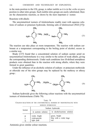 330 CHEMISTRY AND TECHNOLOGY OF EXPLOSIVES;
in the meta position to the CH3 group, is rather mobile as it is in the ortho or para
position to other nitro groups. Such mobile nitro groups are easily substituted. Here
are the characteristic reactions, as shown by the most important γ− isomer.
Reactions with alkalis
The unsymmetrical isomers of trinitrotoluene readily react with aqueous solu-
tions of sodium or potasium hydroxide, forming salts of dinitrocresol (Will [37]):
(25)
The reaction can take place at room temperature. The reaction with sodium car-
bonate at a temperature corresponding to the boiling point of alcohol, occurs in
a similar way.
Brady [137] found that a concentrated solution of sodium acetate acted on
unsymmetrical trinitrotoluene in a way similar to the action of weak alkalis, giving
the corresponding dinitrocresols. Under such conditions less ill-defined amorphous
products were obtained than in the reaction with strong alkalis, where they were
formed in great quantities.
Under the influence of an alcoholic solution of sodium- or potassium methoxide
or ethoxide one of the nitro groups may be replaced by the methoxy or ethoxy
group :
(26)
Sodium hydroxide gives the following colour reactions with the unsymmetrical
isomers of trinitrotoluene (Table 79).
TABLE 79
COLOUR REACTIONS OF THE UNSYMMETRICAL ISOMERS OF TRINITROTOLUNE WITH
SODIUM HYDROX ID E
Sodium hydroxide
Isomer
in acetone solution in alcohol-acetone solution
β violet, bright green, bright
γ violet-greyish blue with a violet tinge
η light pink red
Ammonia gives similar colour reactions.
 