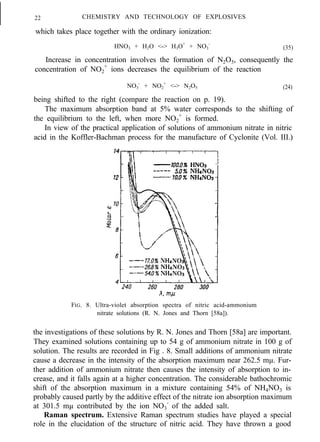 22 CHEMISTRY AND TECHNOLOGY OF EXPLOSIVES
which takes place together with the ordinary ionization:
HNO3 + H2O <-> H3O+
+ NO3
-
(35)
Increase in concentration involves the formation of N2O5, consequently the
concentration of NO2
+
ions decreases the equilibrium of the reaction
NO3
-
+ NO2
+
<-> N2O5 (24)
being shifted to the right (compare the reaction on p. 19).
The maximum absorption band at 5% water corresponds to the shifting of
the equilibrium to the left, when more NO2
+
is formed.
In view of the practical application of solutions of ammonium nitrate in nitric
acid in the Koffler-Bachman process for the manufacture of Cyclonite (Vol. III.)
FIG. 8. Ultra-violet absorption spectra of nitric acid-ammonium
nitrate solutions (R. N. Jones and Thorn [58a]).
the investigations of these solutions by R. N. Jones and Thorn [58a] are important.
They examined solutions containing up to 54 g of ammonium nitrate in 100 g of
solution. The results are recorded in Fig . 8. Small additions of ammonium nitrate
cause a decrease in the intensity of the absorption maximum near 262.5 mµ. Fur-
ther addition of ammonium nitrate then causes the intensity of absorption to in-
crease, and it falls again at a higher concentration. The considerable bathochromic
shift of the absorption maximum in a mixture containing 54% of NH4NO3 is
probably caused partly by the additive effect of the nitrate ion absorption maximum
at 301.5 mµ contributed by the ion NO3
-
of the added salt.
Raman spectrum. Extensive Raman spectrum studies have played a special
role in the elucidation of the structure of nitric acid. They have thrown a good
 