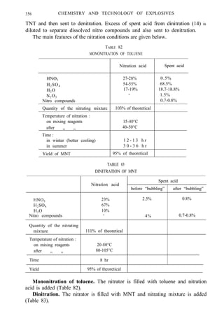 356 CHEMISTRY AND TECHNOLOGY OF EXPLOSIVES
TNT and then sent to denitration. Excess of spent acid from dinitration (14) is
diluted to separate dissolved nitro compounds and also sent to denitration.
The main features of the nitration conditions are given below.
TABLE 82
MONONITRATION OF TOLUENE
I
Nitration acid Spent acid
HNO3 27-28% 0.5%
H2SO4
54-55% 68.5%
H2O 17-19% 18.7-18.8%
N2O3
- 1.5%
Nitro compounds 0.7-0.8%
Quantity of the nitrating mixture 103% of theoretical
Temperature of nitration :
on mixing reagents
after ,, ,,
15-40°C
40-50°C
Time :
in winter (better cooling) 1 2 - 1 3 h r
in summer 3 0 - 3 6 h r
Yield of MNT 95% of theoretical
HNO3
H2SO4
H2O
Nitro compounds
TABLE 83
DINITRATION OF MNT
Nitration acid
Spent acid
before “bubbling” after “bubbling”
23% 2.5% 0.8%
67%
10%
- 4% 0.7-0.8%
Quantity of the nitrating
mixture 111% of theoretical
Temperature of nitration :
on mixing reagents 20-80°C
after ,, ,, 80-105°C
Time 8 hr
Yield 95% of theoretical
Mononitration of toluene. The nitrator is filled with toluene and nitration
acid is added (Table 82).
Dinitration. The nitrator is filled with MNT and nitrating mixture is added
(Table 83).
 