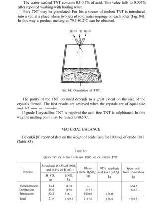 The water-washed TNT contains 0.3-0.5% of acid. This value falls to 0.005%
after repeated washing with boiling water.
Pure TNT may be granulated. For this a stream of molten TNT is introduced
into a vat, at a place where two jets of cold water impinge on each other (Fig. 84).
In this way a product melting at 79.5-80.2°C can be obtained.
Water TNT Water
FIG. 84. Granulation of TNT.
The purity of the TNT obtained depends to a great extent on the size of the
crystals formed. The best results are achieved when the crystals are of equal size
and l-2 mm in diameter.
If grade I crystalline TNT is required the acid free TNT is sulphitated. In this
way the melting point may be raised to 80.5°C.
MATERIAL BALANCE
Belenkii [8] reported data on the weight of acids used for 1000 kg of crude TNT
(Table 85).
Process
TABLE 8.5
QUANTITY OF ACIDS USED FOR 1000 KG OF CRUDE TNT
Mixed acid (87.3% of HNO3
and 8.4% of H2SO4) Oleum 93% sulphuric Spent acid
H2SO4
(104% H2SO4) acid (as H2SO4) from trinitration
HNO3 kg
kg kg
kg kg
Mononitration 34.4 342.0 -~
35.0
664.5
Dinitration 349.0 197.6 841.0
Trinitration 52.2 518.3 1990.0 178.0
Total 121.6 1209.3 2187.6 178.0 1505.5
 