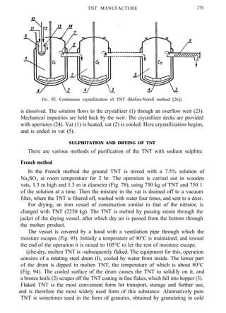 TNT MANUFACTURE 379
FIG. 92. Continuous crystallization of TNT (Bofors-Norell method [26]).
is dissolved. The solution flows to the crystallizer (1) through an overflow weir (23).
Mechanical impurities are held back by the weir. The crystallizer decks are provided
with apertures (24). Vat (1) is heated, vat (2) is cooled. Here crystallization begins,
and is ended in vat (5).
SULPHITATION AND DRYING OF TNT
There are various methods of purification of the TNT with sodium sulphite.
French method
In the French method the ground TNT is mixed with a 7.5% solution of
Na2SO3 at room temperature for 2 hr. The operation is carried out in wooden
vats, 1.3 m high and 1.3 m in diameter (Fig. 78), using 750 kg of TNT and 750 1.
of the solution at a time. Then the mixture in the vat is drained off to a vacuum
filter, where the TNT is filtered off, washed with water four times, and sent to a drier.
For drying, an iron vessel of construction similar to that of the nitrator, is
charged with TNT (2250 kg). The TNT is melted by passing steam through the
jacket of the drying vessel, after which dry air is passed from the bottom through
the molten product.
The vessel is covered by a hood with a ventilation pipe through which the
moisture escapes (Fig. 93). Initially a temperature of 90°C is maintained, and toward
the end of the operation it is raised to 105°C to let the rest of moisture escape.
@he-dry, molten TNT is -subsequently flaked. The equipment for this, operation
consists of a rotating steel drum (I), cooled by water from inside. The lower part
of the drum is dipped in molten TNT, the temperature of which is about 80°C
(Fig. 94). The cooled surface of the drum causes the TNT to solidify on it, and
a bronze knife (2) scrapes off the TNT coating in fine flakes, which fall into hopper (3).
Flaked TNT is the most convenient form for transport, storage and further use,
and is therefore the most widely used form of this substance. Alternatively pure
TNT is sometimes used in the form of granules, obtained by granulating in cold
 