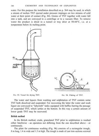 380 CHEMISTRY AND TECHNOLOGY OF EXPLOSIVES
water. For this purpose the installation described on p. 364 may be used, in which
a stream of molten TNT ejected under pressure impinges on two streams of cold
water at their point of contact (Fig. 84). Grains of TNT together with water fall
into a tank, and are conveyed to a centrifuge or to a vacuum filter. To remove
water the product is dried in a tunnel or tray drier at 50-60°C, i.e. at a
temperature below its melting point.
FIG. 93. Vessel for drying TNT. FIG. 94. Flaking of TNT.
The water and liquors from washing and sulphitation of TNT contain some
TNT both dissolved and suspended. For recovering the latter the water and wash
liquor are conveyed to “labyrinth” tanks equipped with baffles barring the passage
of suspended TNT, which settles at the bottom. In this way a certain amount of
lower grade TNT may be recovered.
British method
In the British method, crude, granulated TNT prior to sulphitation is washed
either batchwise - an operation not differing from the one described above - or
continuously.
The plant for continuous washing (Fig. 96) consists of a rectangular trough,
8 m long, 1.4 m wide and 1.3 m high. The trough is made of cast iron sections screwed
 