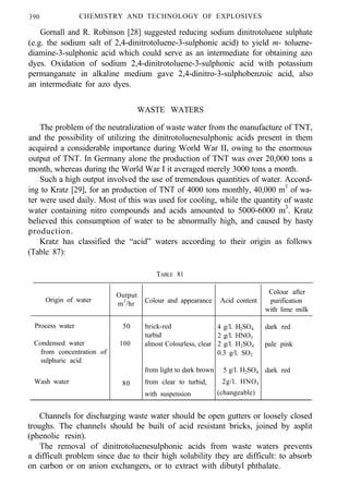 390 CHEMISTRY AND TECHNOLOGY OF EXPLOSIVES
Gornall and R. Robinson [28] suggested reducing sodium dinitrotoluene sulphate
(e.g. the sodium salt of 2,4-dinitrotoluene-3-sulphonic acid) to yield m- toluene-
diamine-3-sulphonic acid which could serve as an intermediate for obtaining azo
dyes. Oxidation of sodium 2,4-dinitrotoluene-3-sulphonic acid with potassium
permanganate in alkaline medium gave 2,4-dinitro-3-sulphobenzoic acid, also
an intermediate for azo dyes.
WASTE WATERS
The problem of the neutralization of waste water from the manufacture of TNT,
and the possibility of utilizing the dinitrotoluenesulphonic acids present in them
acquired a considerable importance during World War II, owing to the enormous
output of TNT. In Germany alone the production of TNT was over 20,000 tons a
month, whereas during the World War I it averaged merely 3000 tons a month.
Such a high output involved the use of tremendous quantities of water. Accord-
ing to Kratz [29], for an production of TNT of 4000 tons monthly, 40,000 m3
of wa-
ter were used daily. Most of this was used for cooling, while the quantity of waste
water containing nitro compounds and acids amounted to 5000-6000 m3
. Kratz
believed this consumption of water to be abnormally high, and caused by hasty
production.
Kratz has classified the “acid” waters according to their origin as follows
(Table 87):
Origin of water
Process water
Condensed water
from concentration of
sulphuric acid
Wash water
Output
m3
/hr
50
100
80
TABLE 81
Colour and appearance Acid content
brick-red 4 g/l. H2SO4
turbid 2 g/l. HNO3
almost Colourless, clear 2 g/l. H2SO4
0.3 g/l. SO2
from light to dark brown 5 g/l. H2SO4
from clear to turbid, 2g/l. HNO3
with suspension (changeable)
Colour after
purification
with lime milk
dark red
pale pink
dark red
Channels for discharging waste water should be open gutters or loosely closed
troughs. The channels should be built of acid resistant bricks, joined by asplit
(phenolic resin).
The removal of dinitrotoluenesulphonic acids from waste waters prevents
a difficult problem since due to their high solubility they are difficult: to absorb
on carbon or on anion exchangers, or to extract with dibutyl phthalate.
 
