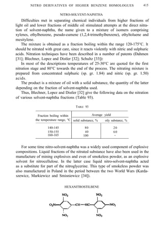 NITRO DERIVATIVES OF HIGHER BENZENE HOMOLOGUES 415
NITRO-SOLVENT-NAPHTHA
Difficulties met in separating chemical individuals from higher fractions of
light oil and lower fractions of middle oil stimulated attempts at the direct nitra-
tion of solvent-naphtha, the name given to a mixture of isomers comprising
xylenes, ethylbenzene, pseudo-cumene (1,2,4-trimethylbenzene), ethyltoluene and
mesitylene.
The mixture is obtained as a fraction boiling within the range 120-175°C. lt
should be nitrated with great care, since it reacts violently with nitric and sulphuric
acids. Nitration techniques have been described in a number of patents (Dahmen
[31]; Blechner, Lopez and Distler [32]; Schultz [33]):
In most of the descriptions temperatures of 25-30°C are quoted for the first
nitration stage and 80°C towards the end of the process. The nitrating mixture is
prepared from concentrated sulphuric (sp. gr. 1.84) and nitric (sp. gr. 1.50)
acids.
The product is a mixture of oil with a solid substance, the quantity of the latter
depending on the fraction of solvent-naphtha used.
Thus, Blechner, Lopez and Distler [32] give the following data on the nitration
of various solvent-naphtha fractions (Table 93).
TABLE 93
Fraction boiling within Average yield
the temperature range, °C solid substance, % oily substance, %
140-145 80 20
150-155 40 60
160-165 100 -
For some time nitro-solvent-naphtha was a widely used component of explosive
compositions. Liquid fractions of the nitrated substance have also been used in the
manufacture of mining explosives and even of smokeless powder, as an explosive
solvent for nitrocellulose. In the latter case liquid nitro-solvent-naphtha acted
as a substitute for part of the nitroglycerine. This type of smokeless powder was
also manufactured in Poland in the period between the two World Wars (Karda-
szewicz, Markiewicz and Smisniewicz [34]).
HEXANITROSTILBENE
 