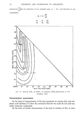 30 CHEMISTRY AND TECHNOLOGY OF EXPLOSIVES
N2
x
denoted by But by definition of our standard state, a2
x
= N2
x
, and therefore at any
p2
x
concentration
FIG. 13. Activity H/Ho of HNO3, in solutions HNO3-H2SO4-H2O at 0°C
(Vandoni [72]).
Thermochemical measurements
On the basis of measurements of the heat generated on mixing nitric and sul-
phuric acid Gelfman [71] drew the conclusion that the two acids do not yield any
stable molecular compounds.
On the basis of similar measurements of the heat of solution of SO3 in nitric
 