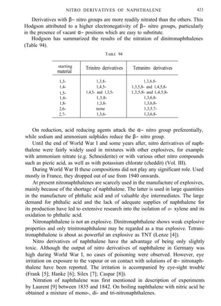NITRO DERIVATIVES OF NAPHTHALENE 423
Derivatives with β− nitro groups are more readily nitrated than the others. This
Hodgson attributed to a higher electronegativity of β− nitro groups, particularly
in the presence of vacant α− positions which are easy to substitute.
Hodgson has summarized the results of the nitration of dinitronaphthalenes
(Table 94).
TABLE 94
starting Trinitro derivatives Tetranitro derivatives
material
1,3- 1,3,8- 1,3,6,8-
1,4- 1,4,5- 1,3,5,8- and 1,4,5,8-
1,5- 1,4,5- and 1,3,5- 1,3,5,8- and 1,4,5,8-
1,6- 1,3,8- 1,3,6,8-
1,8-
2,6-
1,3,8- 1,3,6,8-
none 1,3,5,7-
2,7- 1,3,6- 1,3,6,8-
On reduction, acid reducing agents attack the α− nitro group preferentially,
while sodium and ammonium sulphides reduce the β− nitro group.
Until the end of World War I and some years after, nitro derivatives of naph-
thalene were fairly widely used in mixtures with other explosives, for example
with ammonium nitrate (e.g. Schneiderite) or with various other nitro compounds
such as picric acid, as well as with potassium chlorate (cheddit) (Vol. III).
During World War II these compositions did not play any significant role. Used
mostly in France, they dropped out of use from 1940 onwards.
At present nitronaphthalenes are scarcely used in the manufacture of explosives,
mainly because of the shortage of naphthalene. The latter is used in large quantities
in the manufacture of phthalic acid and of valuable dye intermediates. The large
demand for phthalic acid and the lack of adequate supplies of naphthalene for
its production have led to extensive research into the isolation of o- xylene and its
oxidation to phthalic acid.
Nitronaphthalene is not an explosive. Dinitronaphthalene shows weak explosive
properties and only trinitronaphthalene may be regarded as a true explosive. Tetrani-
tronaphthalene is about as powerful an explosive as TNT (Lenze [4]).
Nitro derivatives of naphthalene have the advantage of being only slightly
toxic. Although the output of nitro derivatives of naphthalene in Germany was
high during World War I, no cases of poisoning were observed. However, eye
irritation on exposure to the vapour or on contact with solutions of α− nitronaph-
thalene have been reported. The irritation is accompanied by eye-sight trouble
(Frank [5]; Hanke [6]; Silex [7]; Caspar [8]).
Nitration of naphthalene was first mentioned in description of experiments
by Laurent [9] between 1835 and 1842. On boiling naphthalene with nitric acid he
obtained a mixture of mono-, di- and tri-nitronaphthalenes.
 