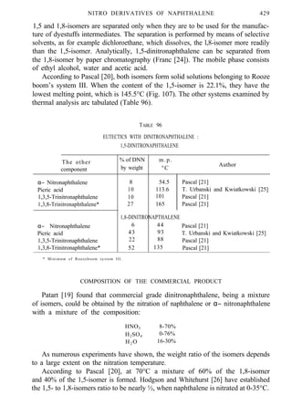 NITRO DERIVATIVES OF NAPHTHALENE 429
1,5 and 1,8-isomers are separated only when they are to be used for the manufac-
ture of dyestuffs intermediates. The separation is performed by means of selective
solvents, as for example dichloroethane, which dissolves, the l,8-isomer more readily
than the 1,5-isomer. Analytically, 1,5-dinitronaphthalene can be separated from
the 1,8-isomer by paper chromatography (Franc [24]). The mobile phase consists
of ethyl alcohol, water and acetic acid.
According to Pascal [20], both isomers form solid solutions belonging to Rooze
boom’s system III. When the content of the 1,5-isomer is 22.1%, they have the
lowest melting point, which is 145.5°C (Fig. 107). The other systems examined by
thermal analysis arc tabulated (Table 96).
TABLE 96
EUTECTICS WITH DINITRONAPHTHALENE :
1,5-DINITRONAPHTHALENE
The other % of DNN m.p.
component by weight °C
Author
α− Nitronaphthalene
Picric acid
1,3,5-Trinitronaphthalene
1,3,8-Trinitronaphthalene*
α− Nitronaphthalene
Picric acid
1,3,5-Trinitronaphthalene
8
10
10
27
54.5
113.6
101
165
Pascal [21]
T. Urbanski and Kwiatkowski [25]
Pascal [21]
Pascal [21]
1,8-DINITRONAPTHALENE
6 44 Pascal [21]
43 93
22 88
T. Urbanski and Kwiatkowski [25]
Pascal [21]
1,3,8-Trinitronaphthalene* 52 135 Pascal [21]
* Minimum of Roozeboom system III.
COMPOSITION OF THE COMMERCIAL PRODUCT
Patart [19] found that commercial grade dinitronaphthalene, being a mixture
of isomers, could be obtained by the nitration of naphthalene or α− nitronaphthalene
with a mixture of the composition:
HNO3 8-70%
H2SO4 0-76%
H2 O 16-30%
As numerous experiments have shown, the weight ratio of the isomers depends
to a large extent on the nitration temperature.
According to Pascal [20], at 70°C a mixture of 60% of the 1,8-isomer
and 40% of the 1,5-isomer is formed. Hodgson and Whitehurst [26] have established
the 1,5- to 1,8-isomers ratio to be nearly ½, when naphthalene is nitrated at 0-35°C.
 