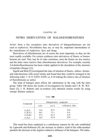 CHAPTER XII
NITRO DERIVATIVES OF HALOGENOBENZENES
APART from a few exceptions nitro derivatives of halogenobenzenes are not
used as explosives. Nevertheless they are, or may be, important intermediates in
the manufacture of explosives, dyes and drugs.
Derivatives of chlorobenzene are of course the most important, as they are the
most readily available. For certain syntheses nitro derivatives of fluoro- or bromo-
benzene are used. They may be of value sometimes, since the former are less reactive
and the latter more reactive than chlorobenzene derivatives. For example, recently
2,4-dinitrofluorobenzene has been widely applied in the elucidation of the structure
of peptides (Sanger [1]).
Ingold and Bird [2] investigated the rates of nitration of fluoro-, chloro-, bromo-
and iodo-benzenes with acetyl nitrate and found that they could be arranged in the
following order: 1: 0.15: 0.033: 0.030: ca. 0.18 (taking the relative rate of nitration
of fluorobenzene as unity).
The kind of halogen atom affects the substitution in the ring with the nitro
group. Table 100 shows the results of investigations by Sandin and J. R. W. Wil-
liams [3]. J. D. Roberts and co-workers [3a] obtained similar results by using
isotope dilution analysis.
TABLE 100
Halogenonitro compound
Compound
ortho para ortho/para ratio
C6H5F 12.6 87.4 0.14
C6H5Cl 30.1 73.1 0.41
C6H5Br 37.2 62.5 0.59
C6H5I 34.2 65.8 0.52
This trend has been explained in a satisfactory manner by the rule established
by Lapworth and Robinson [4]: the increase in relative yield of the ortho-product
parallels the decrease in the negative inductive influence of the halogens. The induc-
 