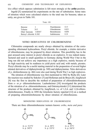 450 CHEMISTRY AND TECHNOLOGY OF EXPLOSIVES
tive effect which opposes substitution is felt most strongly at the ortho position.
Ingold [5] summarized his experiments on the rate of substitution. Some rates
of nitration which were calculated relative to the total rate for benzene, taken as
unity, are given in Table 101.
TABLE 101
Benzene 1 Fluorobenzene 0.15
Toluene 24.5 Chlorobenzene 0.033
Ethyl benzoate 0.00367 Bromobenzene 0.030
Benzyl chloride 0.302 Iodobenzene 0.18
NITRO DERIVATIVES OF CHLOROBENZENE
Chloronitro compounds are nearly always obtained by nitration of the corre-
sponding chlorinated hydrocarbons. Picryl chloride, for example, a trinitro derivative
of chlorobenzene, may be prepared by direct nitration. This possibility has in the
past aroused some interest in picryl chloride as an explosive. It was indeed manu-
factured and used in small quantities in Germany during World War I but in the
long run did not achieve any importance as a high explosive, mainly because of
its high reactivity and its readiness to yield picric acid and, with metals, picrates.
Picryl chloride may be a useful starting material in the preparation of several higher
nitrated derivatives of diphenyloxide (p. 549) and diphenylamine. Nitro derivatives
of p- dichlorobenzene (p. 466) were also used during World War I as high explosives.
The nitration of chlorobenzene was first mentioned in 1862 by Riche [6]. Later
the reaction was studied by Sokolov [7] and Holleman and de Bruyn [8]. Junglleisch
[9] was the first to describe the method of preparation of chlorodinitrobenzene
from o- or p- chloronitrobenzene. Laubenheimer [10] investigated the products
of the nitration of m- chloronitrobenzene, and Ostromyslenskii [11] determined the
structure of the products obtained by Jungfleisch, i.e. of 1,2,4- and 1,2,6-chloro-
dinitrobenzenes. Finally in 1894 the Griesheim factory reported [12] on a method
of preparing chlorotrinitrobenzene by direct nitration of chlorobenzene.
MONONITRO DERIVATIVES OF CHLOROBENZENE
There are three chloronitrobenzene isomers known: ortho, meta and para:
m. p. 32.5°C m. p. 46°C
b. p. 245°C b. p. 235°C
m. p. 83°C
b. p. 242°C
 