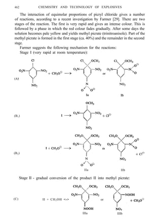 462 CHEMISTRY AND TECHNOLOGY OF EXPLOSIVES
The interaction of equimolar proportions of picryl chloride gives a number
of reactions, according to a recent investigation by Farmer [29]. There are two
stages of the reaction. The first is very rapid and gives an intense colour. This is
followed by a phase in which the red colour fades gradually. After some days the
solution becomes pale yellow and yields methyl picrate (trinitroanisole). Part of the
methyl picrate is formed in the first stage (ca. 40%) and the remainder in the second
stage.
Farmer suggests the following mechanism for the reactions:
Stage I (very rapid at room temperature):
(A)
(B1)
(B2)
IIa IIb
Stage II - gradual conversion of the product II into methyl picrate:
(C) II + CH3OH <->
IIIa
or
IIIb
 