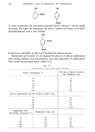 500 CHEMISTRY AND TECHNOLOGY OF EXPLOSIVES
At room temperature the conversion proceeds slowly, whereas it occurs rapidly
on heating. The higher the temperature, the more p- isomers are formed. At 90-100°C
phenoldisulphonic acid is also formed:
Its presence is advisable, as later it will facilitate the nitration process.
Marqueyrol and Loriette [1] investigated the process of phenol sulphonation
with varying sulphuric acid concentration, time and temperature of sulphonation.
Their results are presented below (Table 117).
TABLE 117
SULPHONATION OF PHENOL UNDER VARIOUS CONDITIONS
H2SO4 concentration, %
92
93
94
96
97
100
Time of sulphonation with 93% H2SO4 at 100°C, min
15
30
60
120
240
Per cent of phenol converted
into disulphonic acid
62
66
71
82
91
100
48
65
66
68
68.5
Sulphonation with I
j
93% H2SO4, temperature °C
Sulphonation time, min
I
75 30 51
75 60 59
150 15 50
150 30 66
150 60 66.5
 
